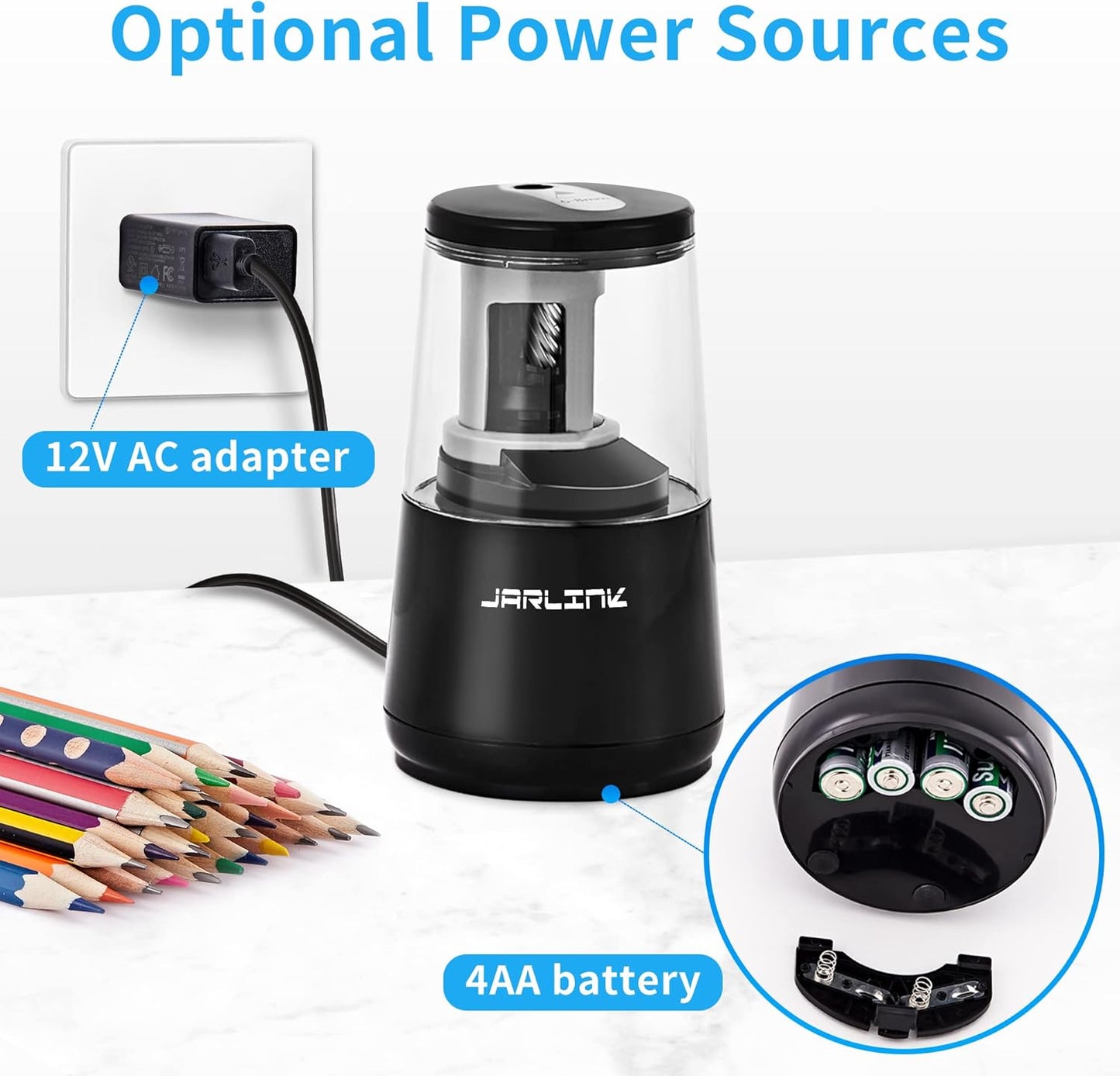 JARLINK Electric Pencil Sharpener, Heavy-Duty Helical Blade to Fast Sharpen, Auto Stop for No.2/Colored Pencils(6-8mm), AC Adapter/Battery Operated in School Classroom/Office/Home (Black)