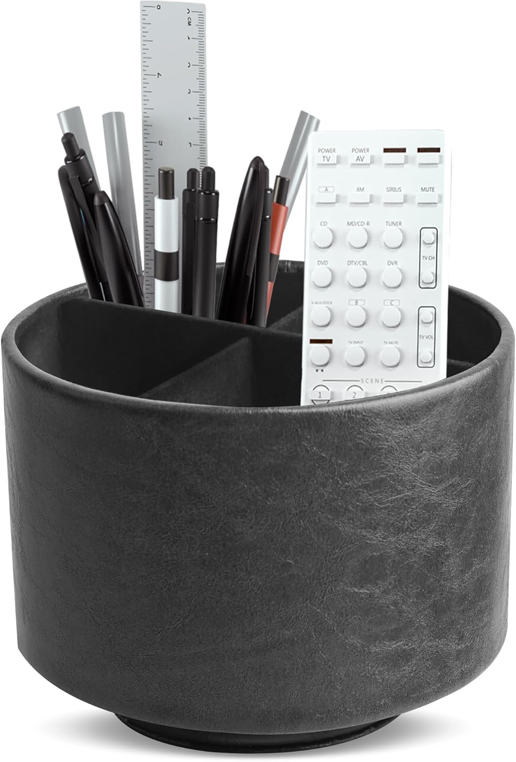 Hennaja Round Leather Art Supply Organizer,Remote Control Holder,360 Degree Spinning,Multi-Functional Pencil Holder,4 Compartments Desktop Stationary Organizer(1-Oil Black)