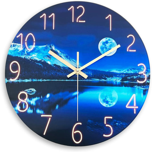 Blue Wall Clock for Bedroom 12 Inch Natural Landscape Round Analog Clock Battery Operated Moon Wall Clock Non Ticking