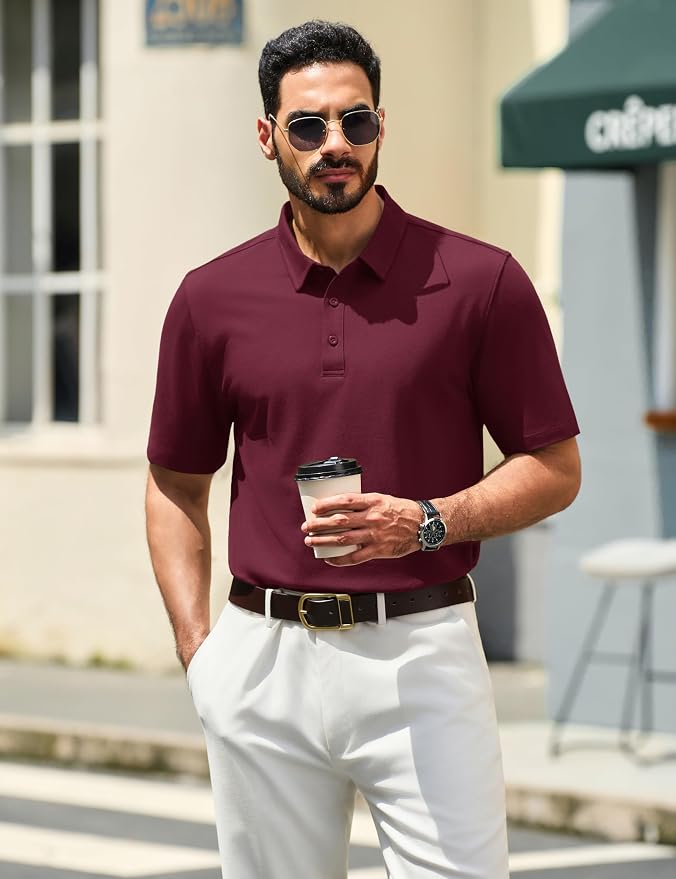 TACVASEN Mens Polo Shirts Short Sleeve Pique 3 Buttons Golf Polo Cooling - Image 2