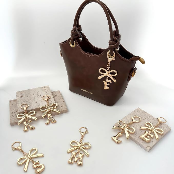 Gold Bubble Heart, Bow & More Designs Letter Initial Keychain Bag Charms – Cute - Image 2