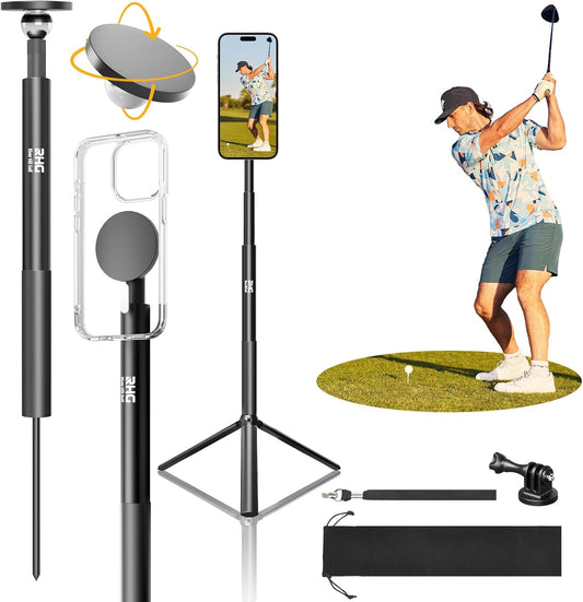 Golf Monopod Stick, Golf Swing Phone Holder, 46" Magnetic Aluminum Alloy Selfie Stick w/Tri-Leg Tripod Base Spike Stake Mount, Compatible w/iPhone Camera Magsafe, Golf Training Aid