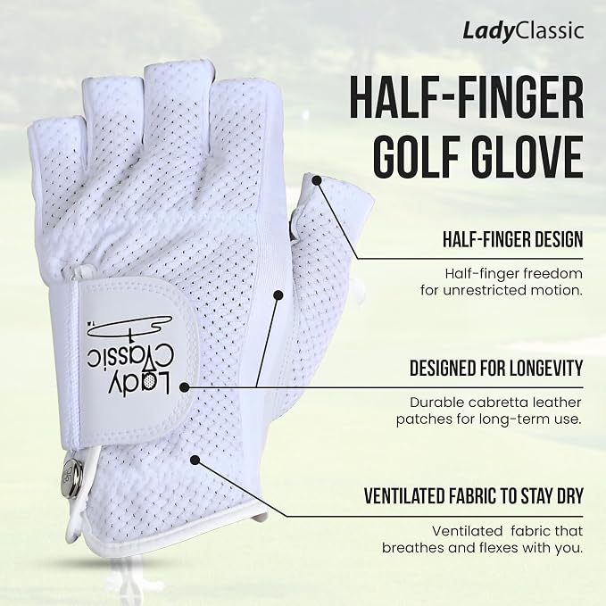 Mesh Half Golf Glove for Women – Premium Cabretta Leather Palm, Breathable Mesh - Image 3