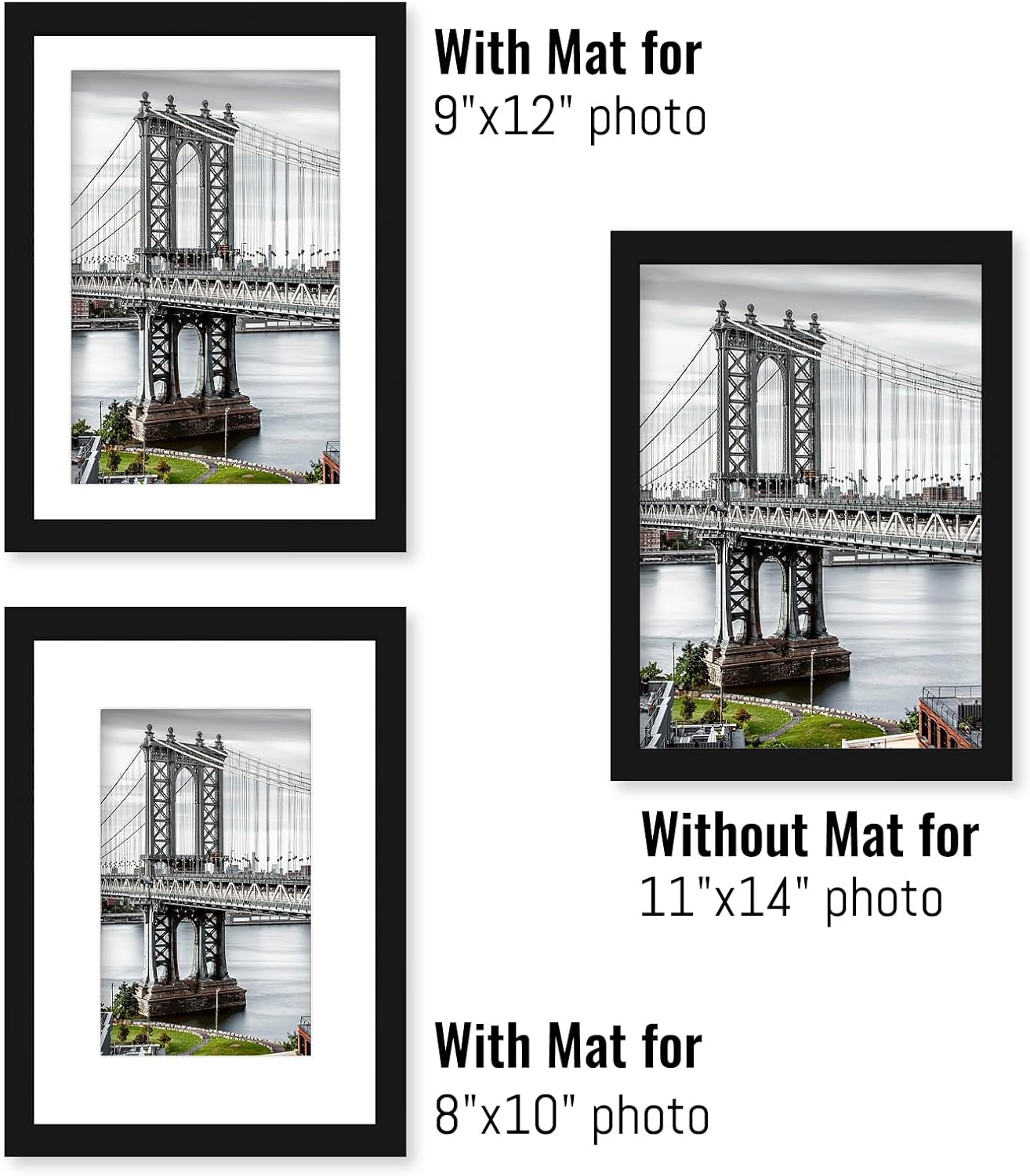 11x14 Picture Frames Solid Wood Display Pictures 9x12 or 8x10 with Mat or 11x14 Frame without Mat Poster Photo Frame Art with 2 Mats for Wall Mounting or Table Top(Black)