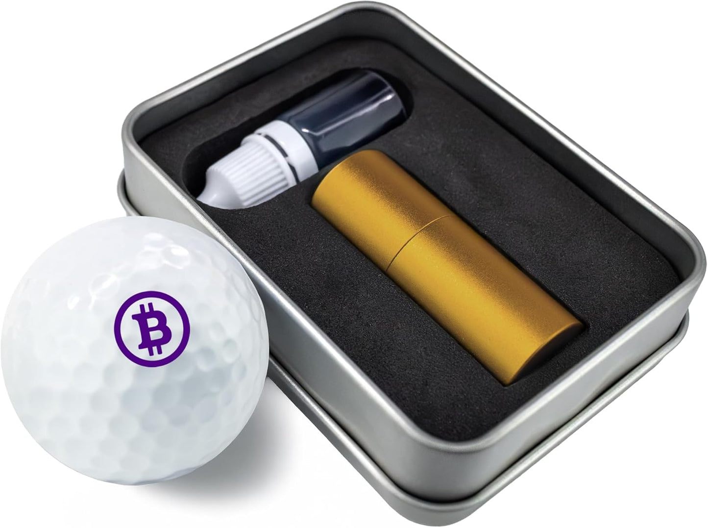 Golf Ball Marker Stamp with TiteSeal™ Technology - Bit - Metallic Box with Golf Ball Stamp + Refill Ink Bottle - Purple