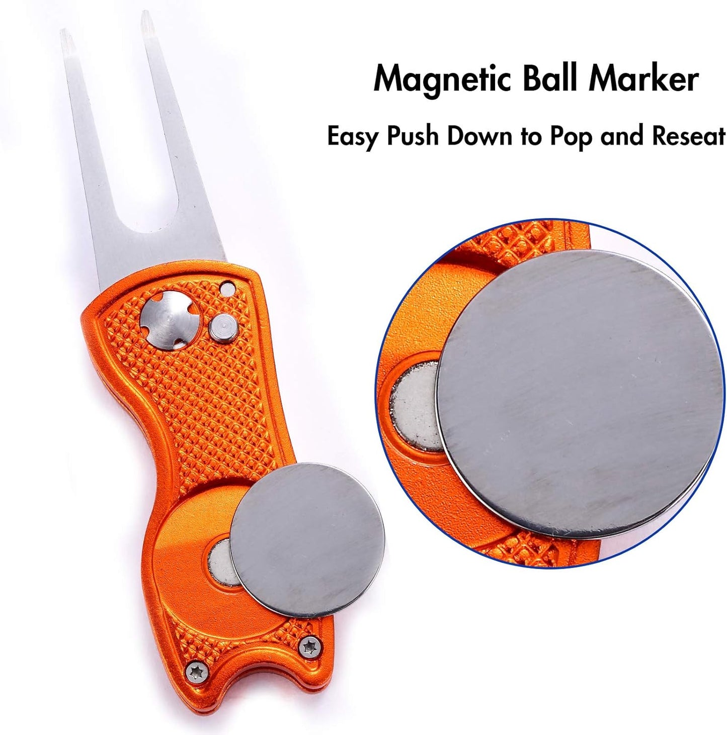 2 Pack Metal Foldable Golf Divot Tool with Pop-up Button & Magnetic Ball Marker (Pack of 2, Fish Design)