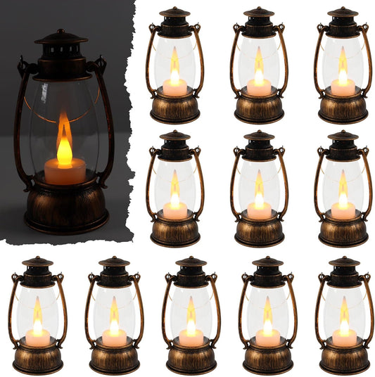 12Pcs Mini Lantern Decorative with Flickering LED Candle, 6Inch Small Western Lantern for Table Centerpiece, Vintage Hanging Candle Holders for Western Halloween Camping Party Decor (Brown)