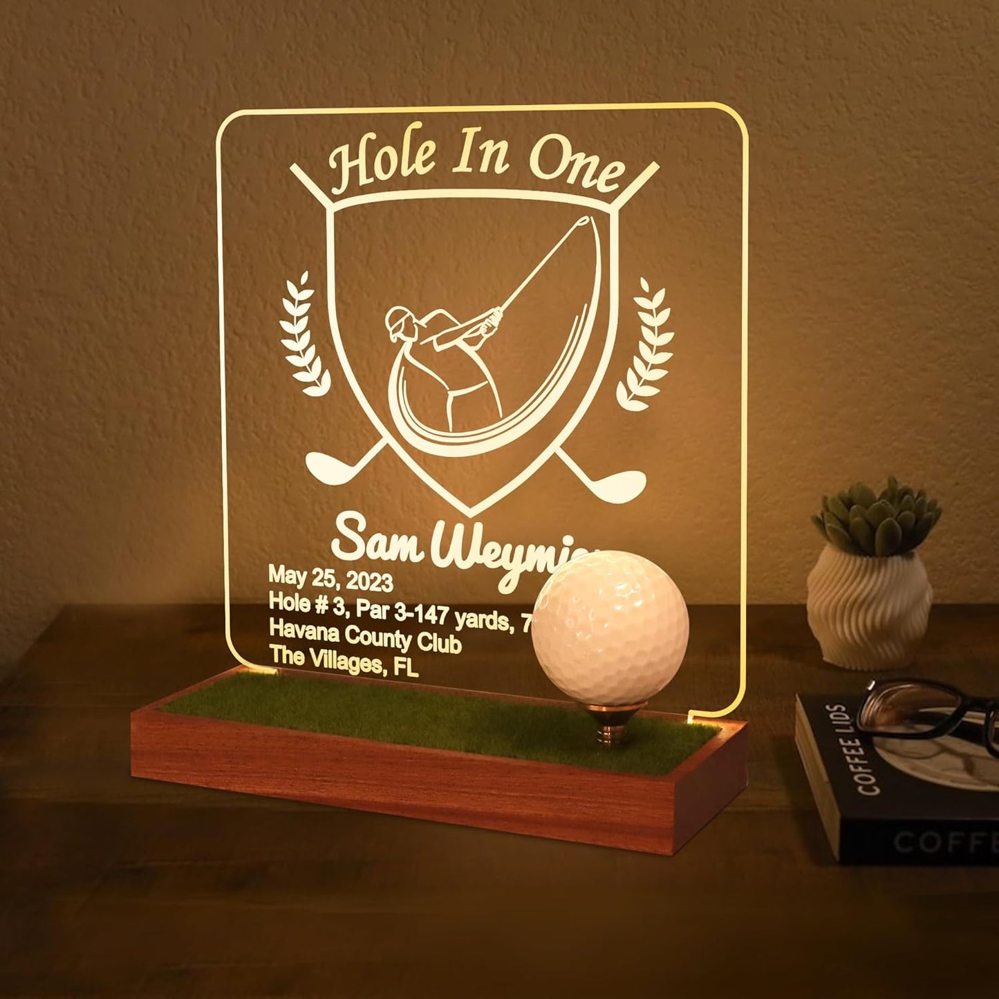 Hole in One Golf Ball Display Case, CoolGift Mart Personalized Light Up Golf Ball Holder Memorabilia Display and Storage, Wooden Acrylic Accessories with Warm White Color Lights, Gift for Golfers