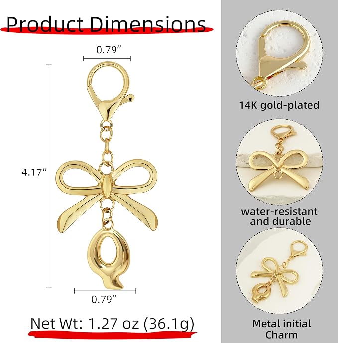 Gold Bubble Heart, Bow & More Designs Letter Initial Keychain Bag Charms – Cute - Image 5