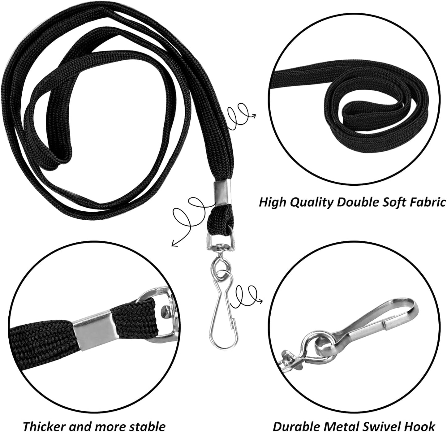 100 Pack Bulk Black Lanyards for ID Badges Durable Neck Lanyards with Metal Swivel J-Hook Comfortable for Events, Employees, Schools, Cruises, Name Tag ID Holder