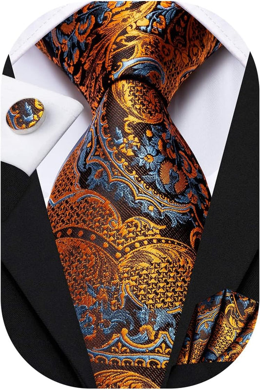 Hi-Tie Men 63inches Tie Set Extra Long Necktie Paisley Tie Pocket Suqare Cufflinks Big and Tall Men Tie