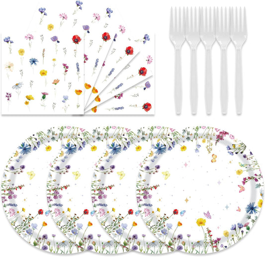 48Pcs Wildflower Party Decorations Summer Floral Paper Plates and Napkins Party Supplies for Birthday Decor Wildflower Baby Shower Decorations