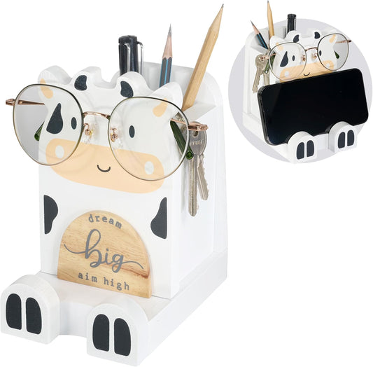 I'm Solid Wood Multipurpose Eyeglass Phone Pen & Pencil Holder Stand Stationery Desk Box Organizer Accessories Decor, Cute Farm Animal for Home Office Desktop Decor Birthday Graduation Gifts (Cow)