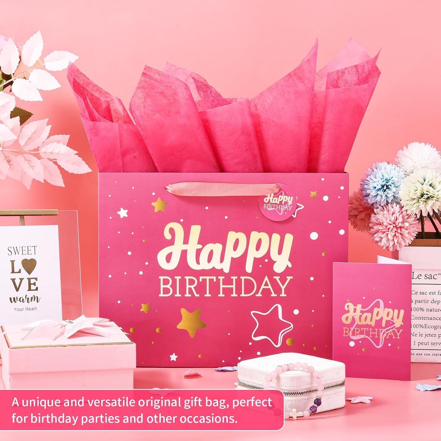 16" Pink Happy Birthday Gift Bag with Tissue Paper and Greeting Card for Party,Happy Birthday Gift Bag for Men Women,Gift Bags Extra Large(1 PCS Pink Hot Stamping)