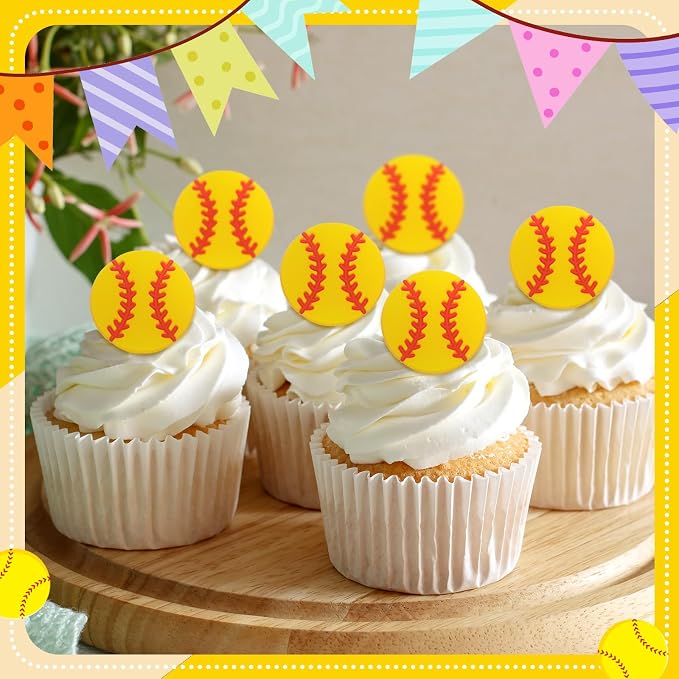 Honeydak 48 Pcs Softball Cupcake Rings Toppers Decoration Sport Ball Theme Cake - Image 5