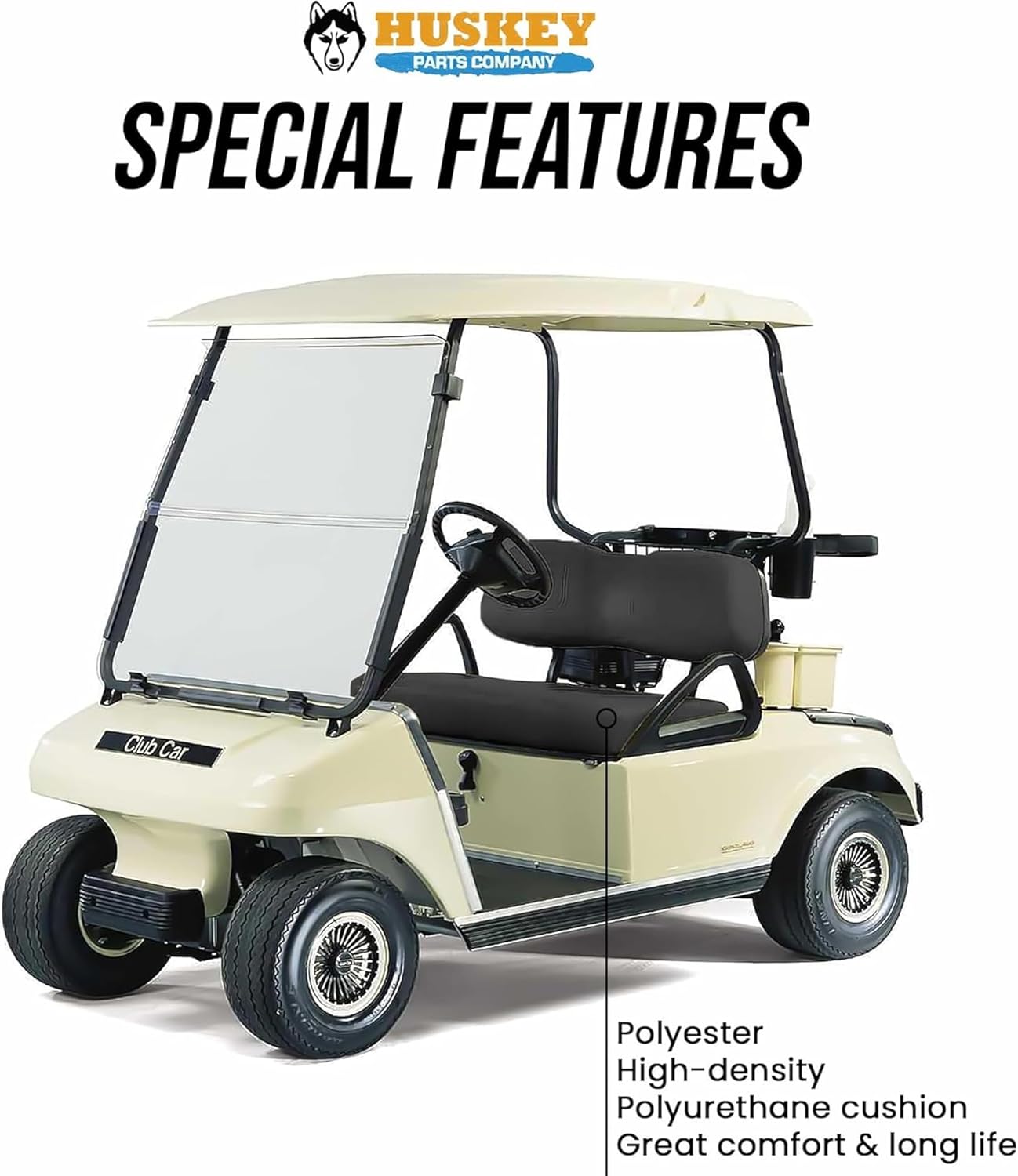 Huskey Parts Company Golf Cart Seat Cushion, Black Color Front Bottom Seat for Club Car DS 2000 to 5 & Up, Golf Cart Front Seat Replacement with Mounting Hardware & Hinges