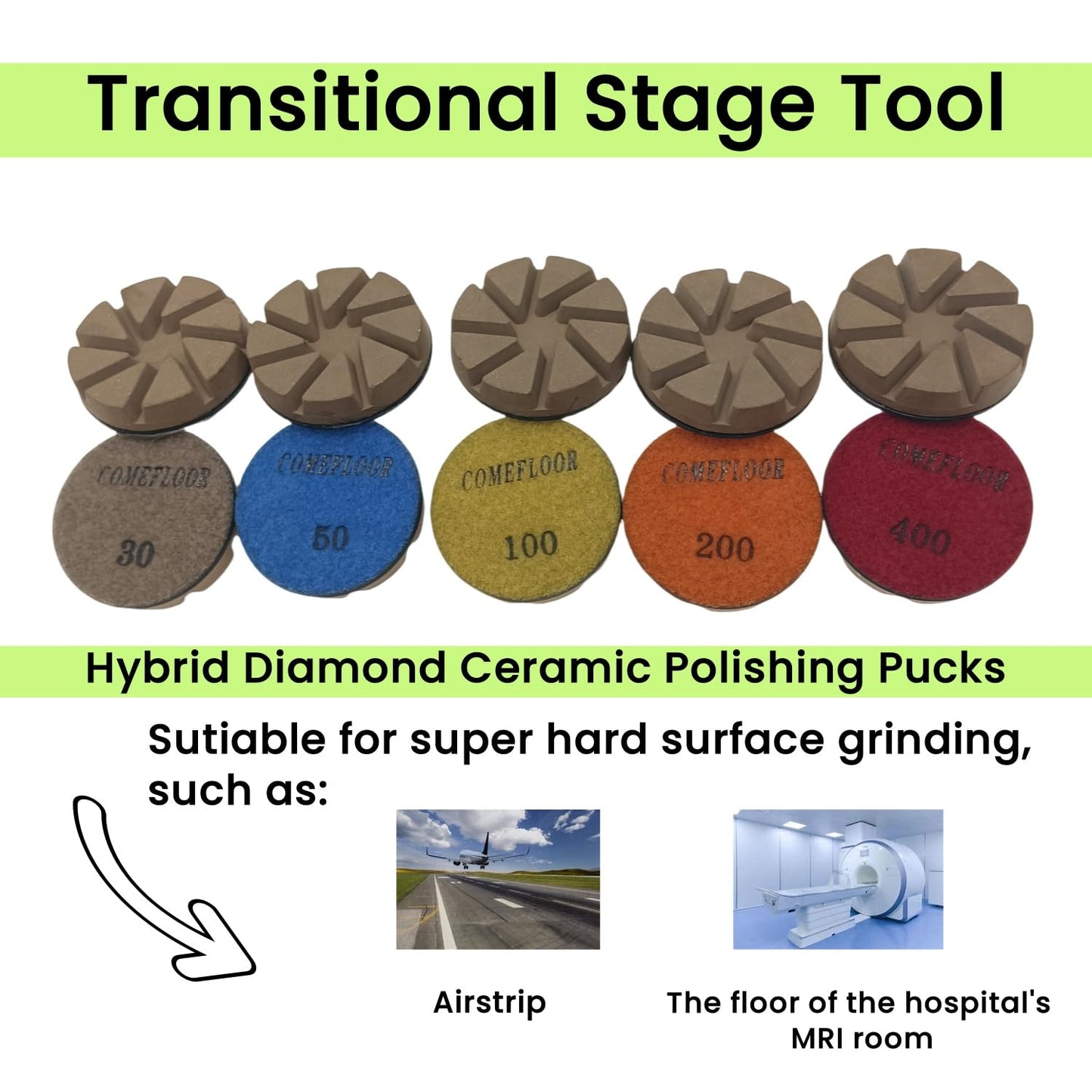 Hybrid Diamond Ceramic Polishing Pucks, Aggressive Concrete Terrazzo Floor Hook n Loop Grinding Pads, 3 Inch Long Using Life Transitional Discs,100# 3PCS