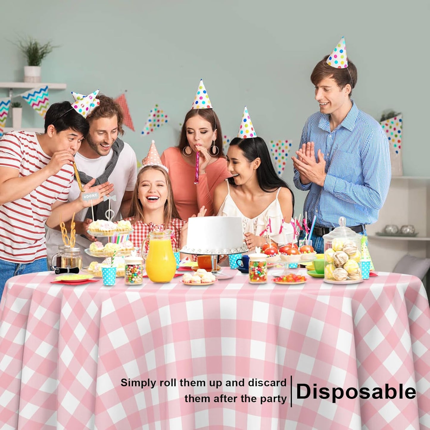 12 Pack Pink and White Checkered Tablecloth, Round Pink Gingham Plastic Table Cloths for Parties Disposable, 84x84 in Waterproof Camping Tablecloth for Birthday Party Baby Shower Picnic School