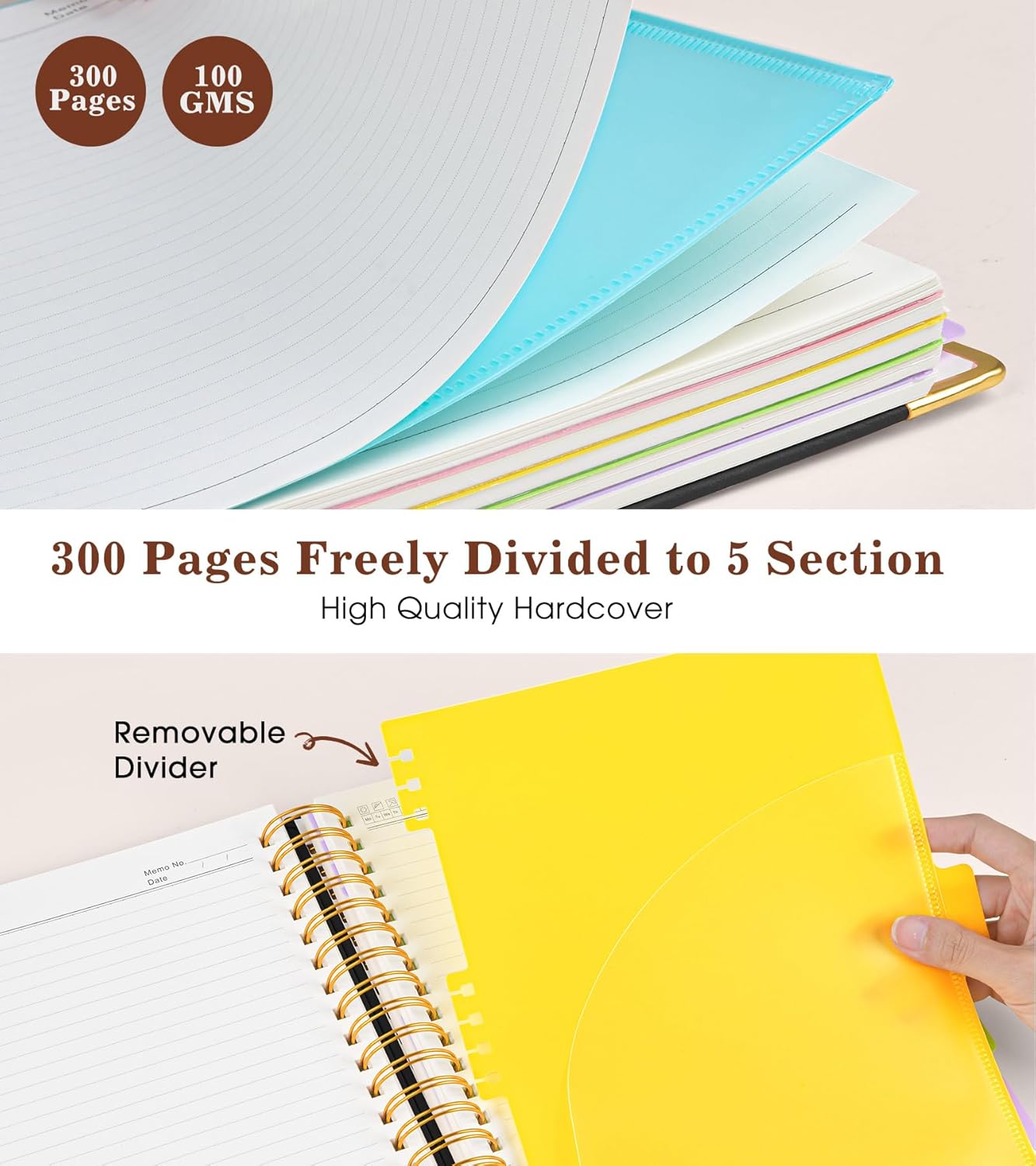 Hardcover Large Spiral Notebook 8.5" x 11" with Removable Dividers Tabs, 300 pages Leather 5 Subject Notebook College Ruled, A4 Journal for Women Men, Notebooks for Work School Note taking,Black