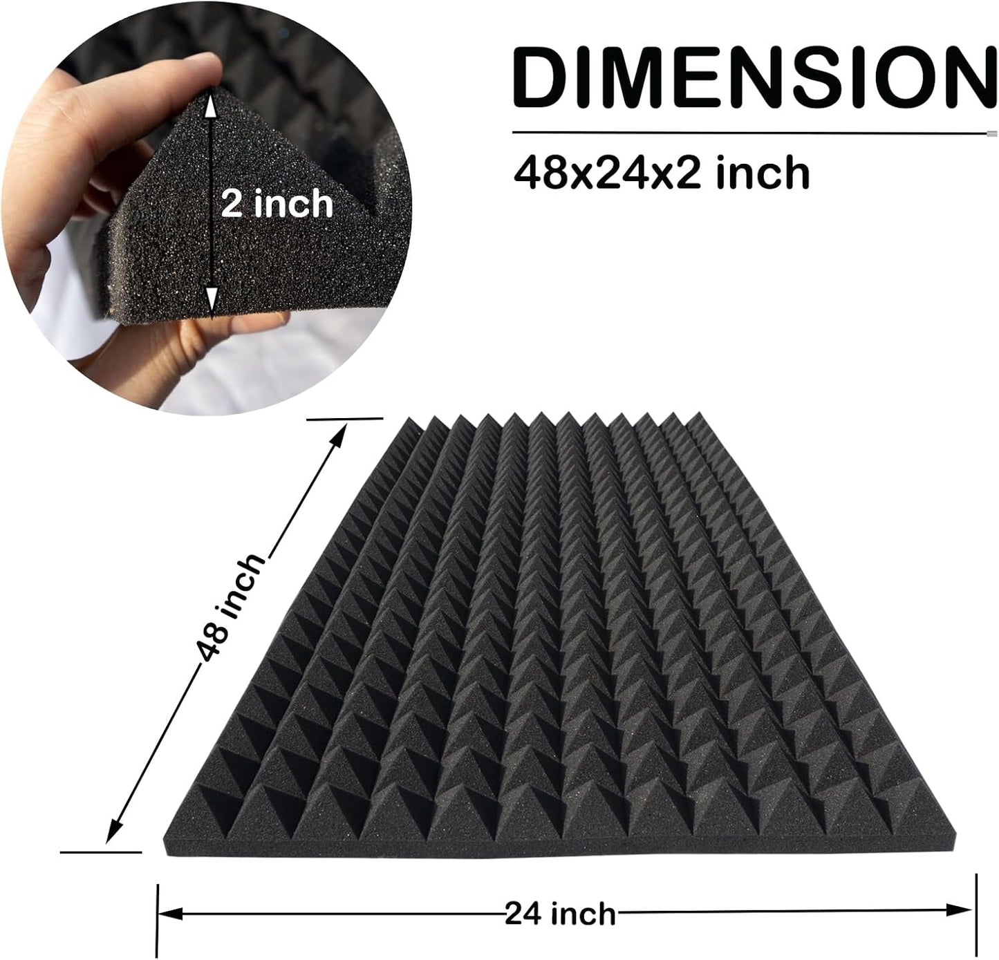 2 Pack Pyramid Sound Proof Foam,48x24x2 Inch High Density Soundproof Acoustic Panel for Wall,Fireproof Studio Foam Reducing Noise & Echo (Black)