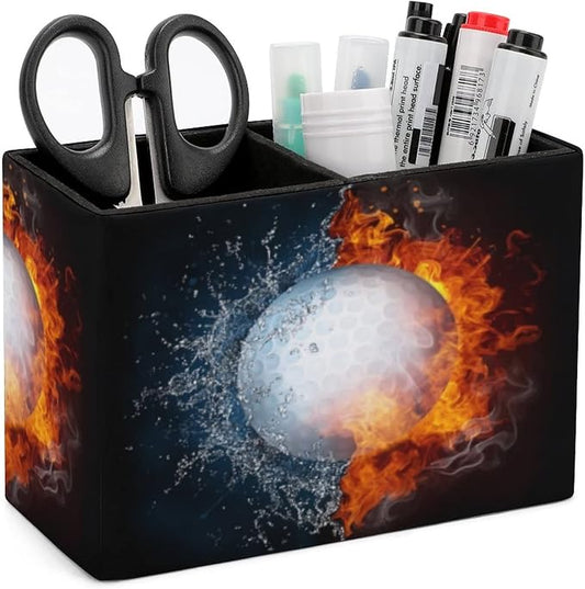 GERRIT Pen Holder for Desk, Golf Ball Fire Water Pencil Holder PU Leather Pen by Unknown
