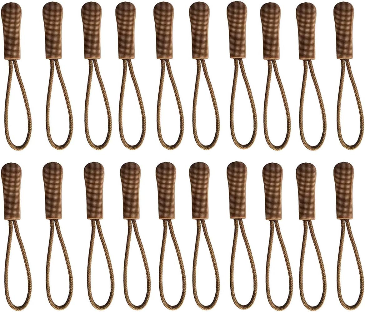 20PCS Replacement Zipper Pulls Zip Cord Puller Slider for Bags Tent Clothes (Khaki)