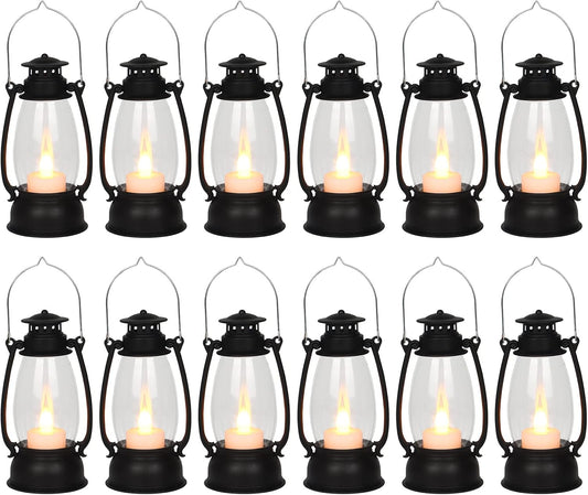 12Pcs Mini Lantern for Cowboy Halloween Christmas Wedding, Black 6" Candle Lantern with Flickering LED for Camping Western Party Decorations, Table Centerpiece, Hanging Lamp Ornaments Bulk