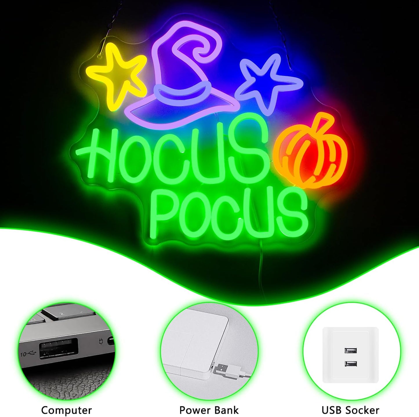 Hocus Pocus Neon Sign, Dimmables Neon Signs For Wall Decor, Funny Led Light Up Signs for Bedroom Bar Man Cave Home Halloween Party Decorations Gifts