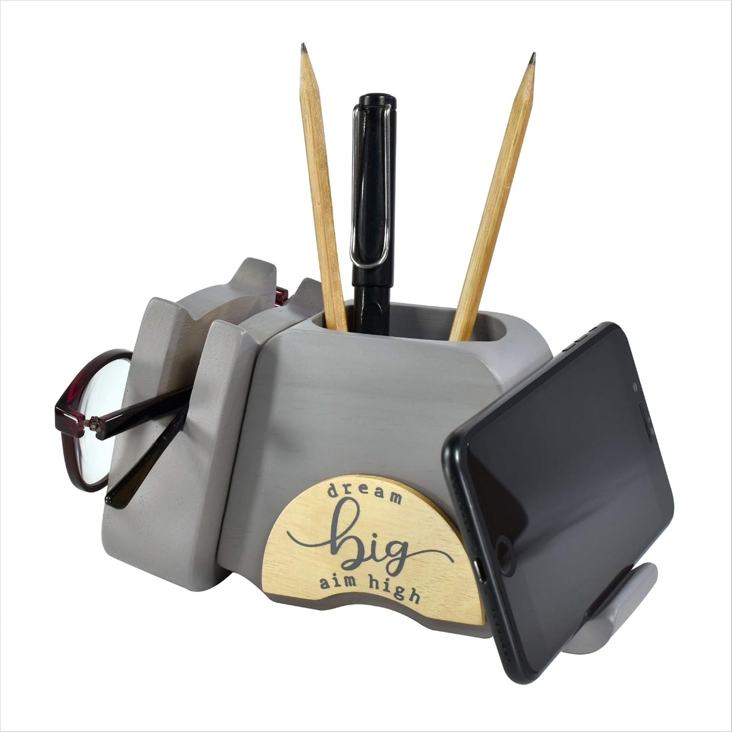 I'm Wood Multipurpose Eyeglass Phone Pen & Pencil Holder Stand Stationery Desk Organizer Accessories, For Home Office Desktop Decor Birthday Graduation Gifts “Dream Big Aim High” (Cat)