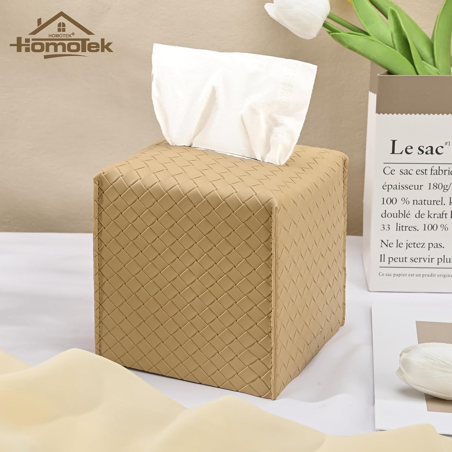 HOMOTEK 2 Pack Tissue Box Cover, Square PU Leather Tissue Holder, Decorative Facial Tissue Cube Paper Organizer Dispenser for Bathroom, Night Stands, Desk, Car 5X5X5'' - Woven Waffle,Camel