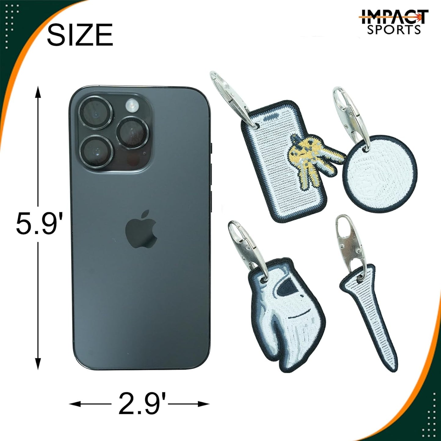 Impact sports Golf Zipper Bag Tags – Set of 4 Fabric Golf-Themed Zipper Pulls – Includes Golf Ball, Glove, Tee, and Phone Tag – Stylish and Functional Golf Bag Accessories