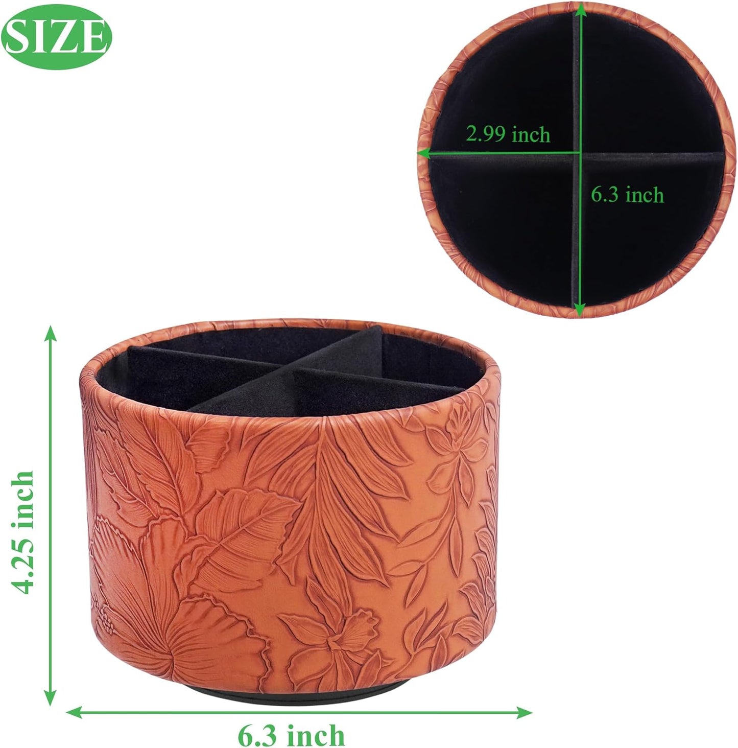 Hennaja Round Leather Art Supply Organizer,Remote Control Holder,360 Degree Spinning,Multi-Functional Pencil Holder,4 Compartments Desktop Stationary Organizer(1-Carved Brown)