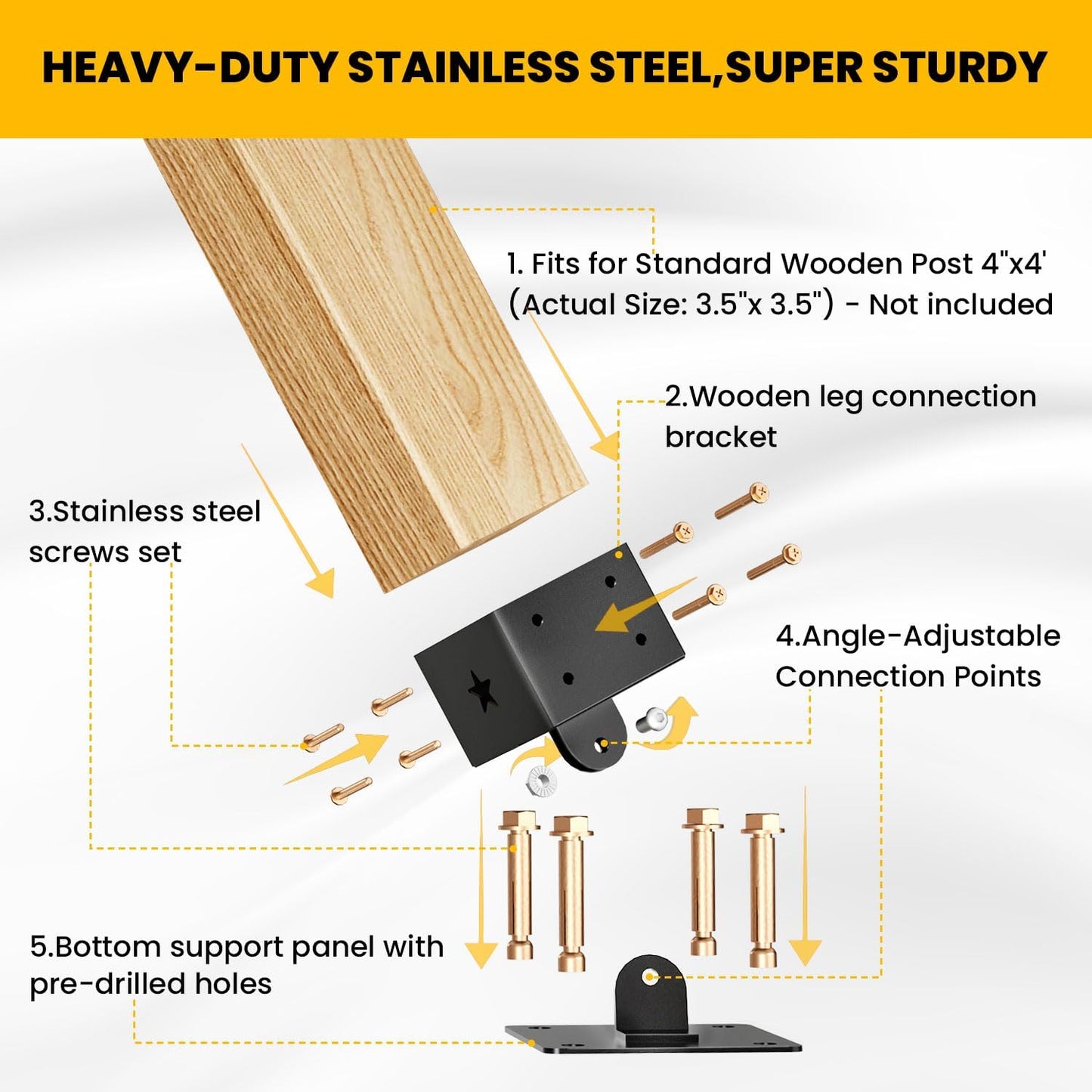 Heavy Duty Swing Set Brackets (4-Pack), 201 Stainless Steel Base for 4x4 Wood Posts (Fits 3.5"x3.5"), Includes Leveling Blocks & Hardware, Ground Anchor for Enhanced Stability & Wood Protection