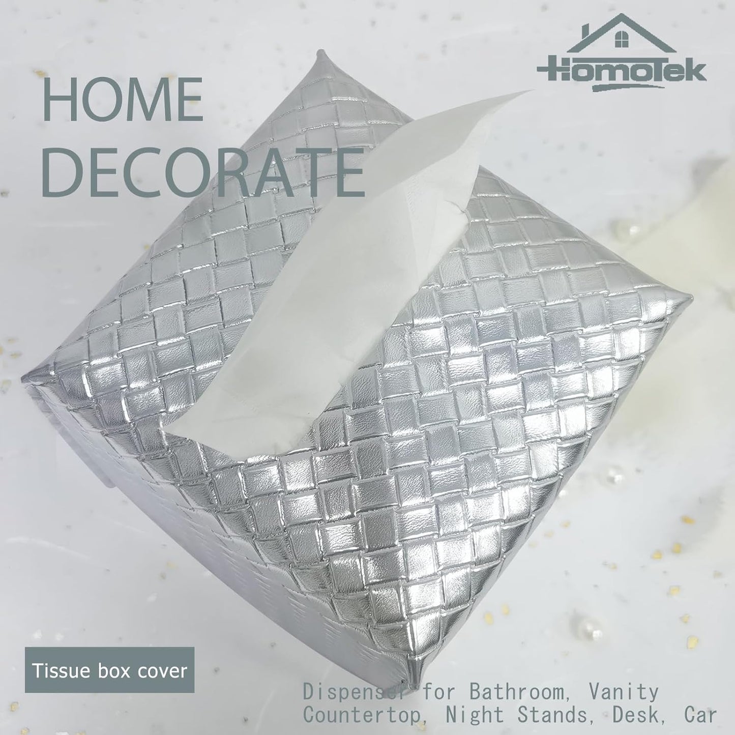 HOMOTEK 2 Pack Tissue Box Cover, Square PU Leather Tissue Holder, Decorative Facial Tissue Cube Paper Organizer Dispenser for Bathroom, Night Stands, Desk, Car 5X5X5'' - Woven Waffle, Silver