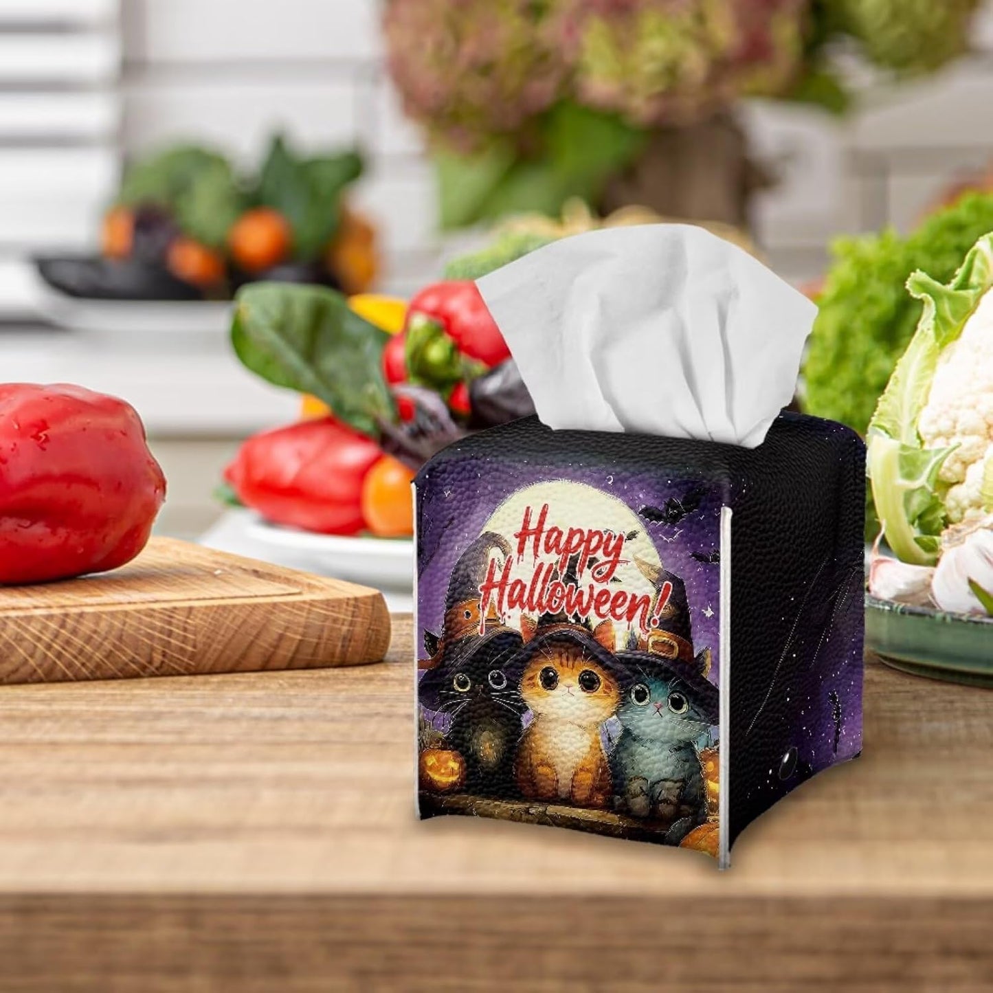 Happy Halloween Tissue Box Cover Square Tissue Box Holder 5x5x5 inch Napkin Dispenser Organizer with Cat Print Holiday Home Decor for Car Office Living Room