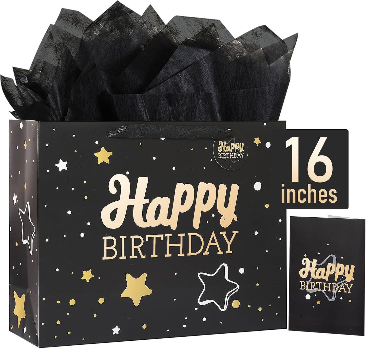 16" Black Happy Birthday Gift Bag with Tissue Paper and Greeting Card for Party,Happy Birthday Gift Bag for Men Women,Gift Bags Extra Large(1 PCS Black Hot Stamping)