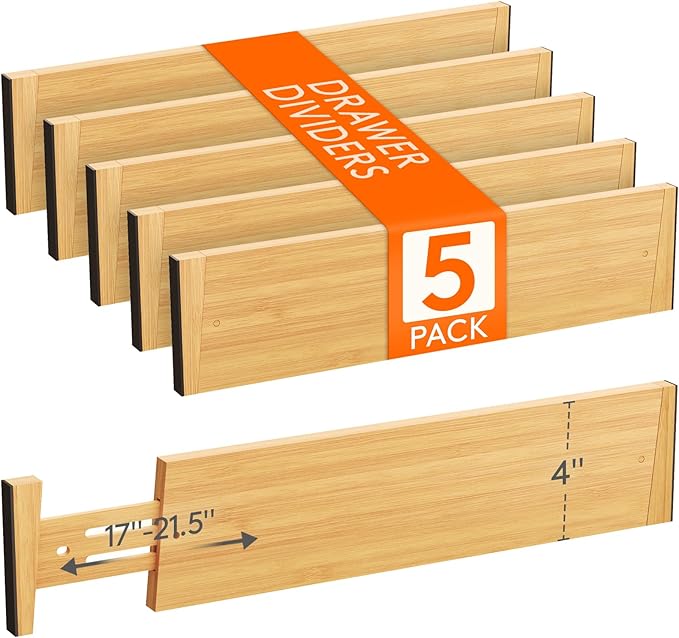 Lifewit 5 Pack 4" High Bamboo Drawer Dividers, 17-21.5" Adjustable Drawer by Lifewit