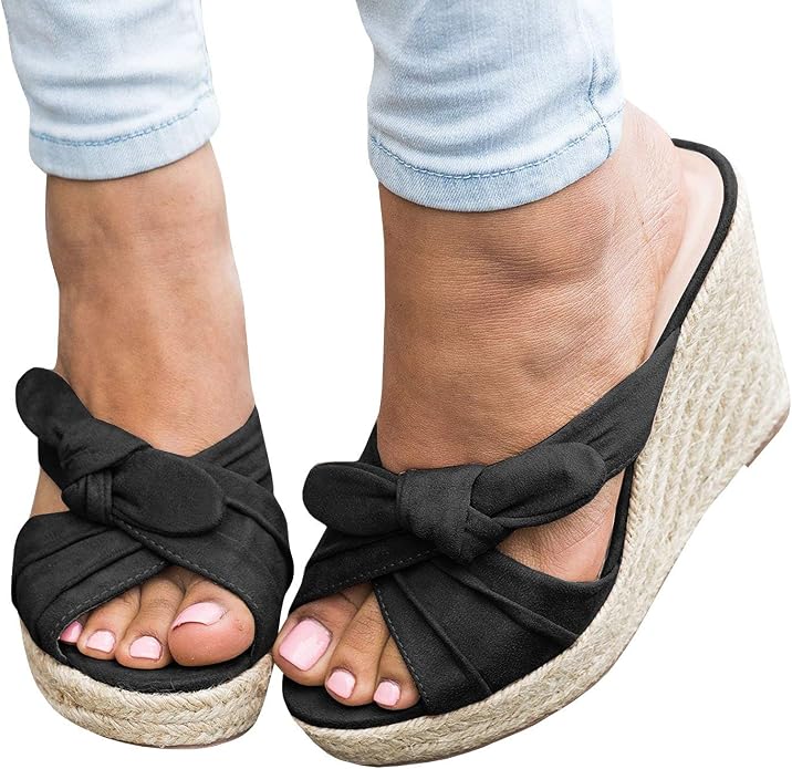 Womens Espadrilles Wedge Sandals Slides Platform Slip on Bow Knot Open Toe - Image 2