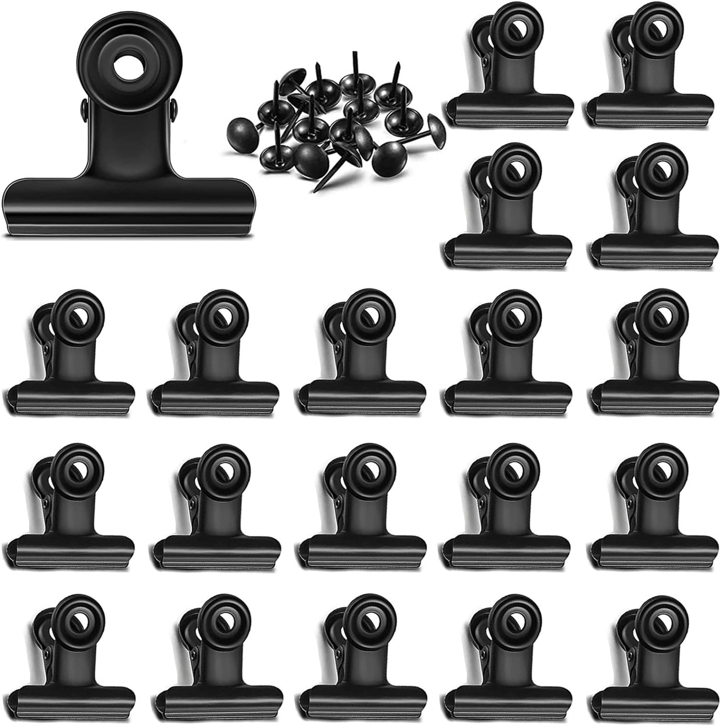 20 Pack Metal Clips with 20 Push-pins for Corkboard,Bulldog Clips for Hanging Pictures,Small Hinge Clips for Photos Crafts,Mini Binder Clips Paper File Clamps for Office(Black,1.2inch)