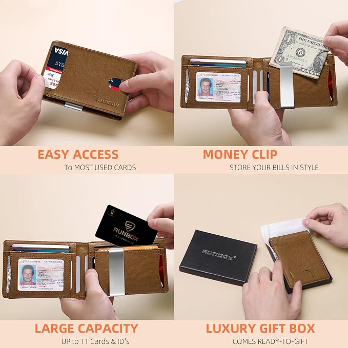 RUNBOX Money Clip Wallets for Men, Slim Leather Mens Bifold Wallet, RFID - Image 2