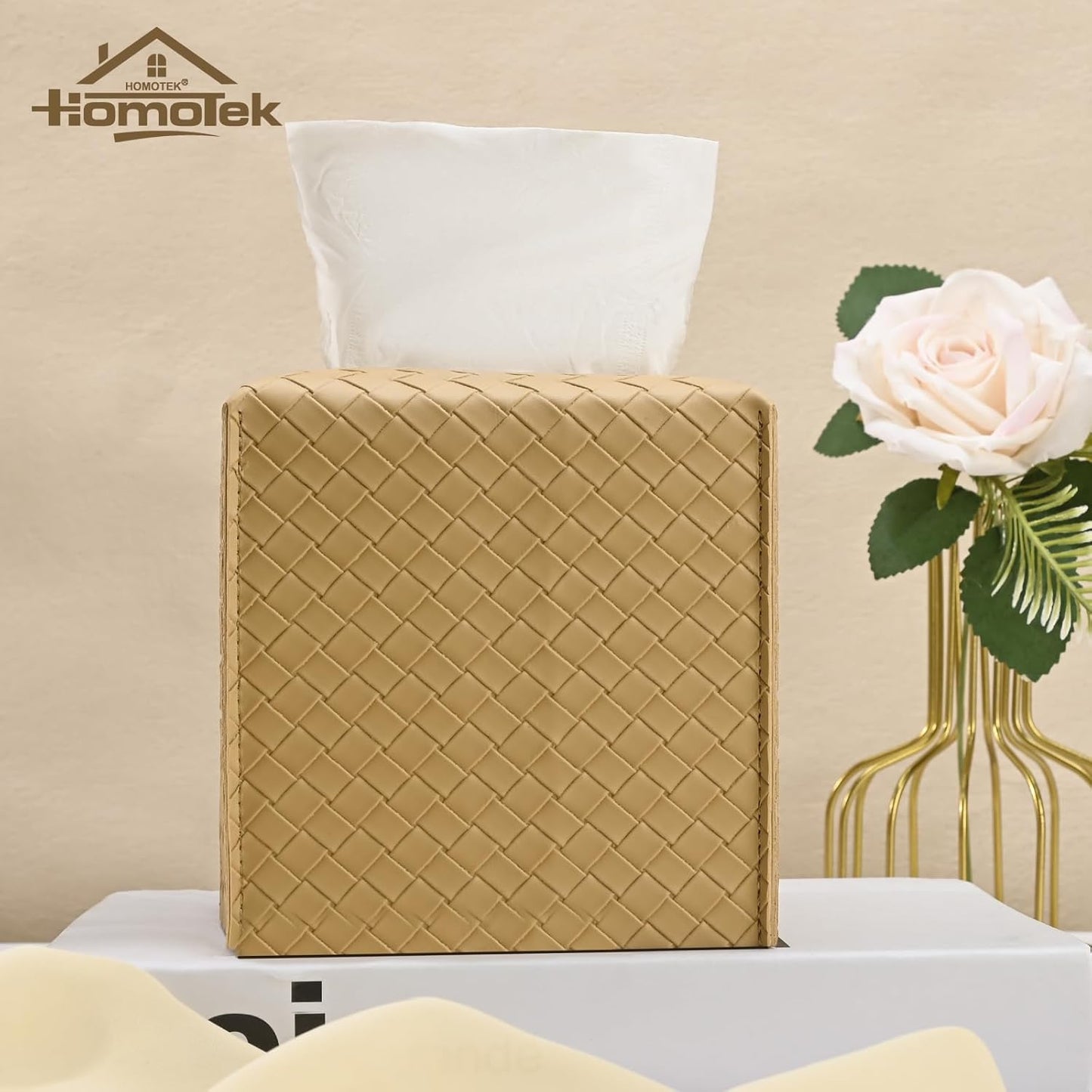 HOMOTEK 2 Pack Tissue Box Cover, Square PU Leather Tissue Holder, Decorative Facial Tissue Cube Paper Organizer Dispenser for Bathroom, Night Stands, Desk, Car 5X5X5'' - Woven Waffle,Camel