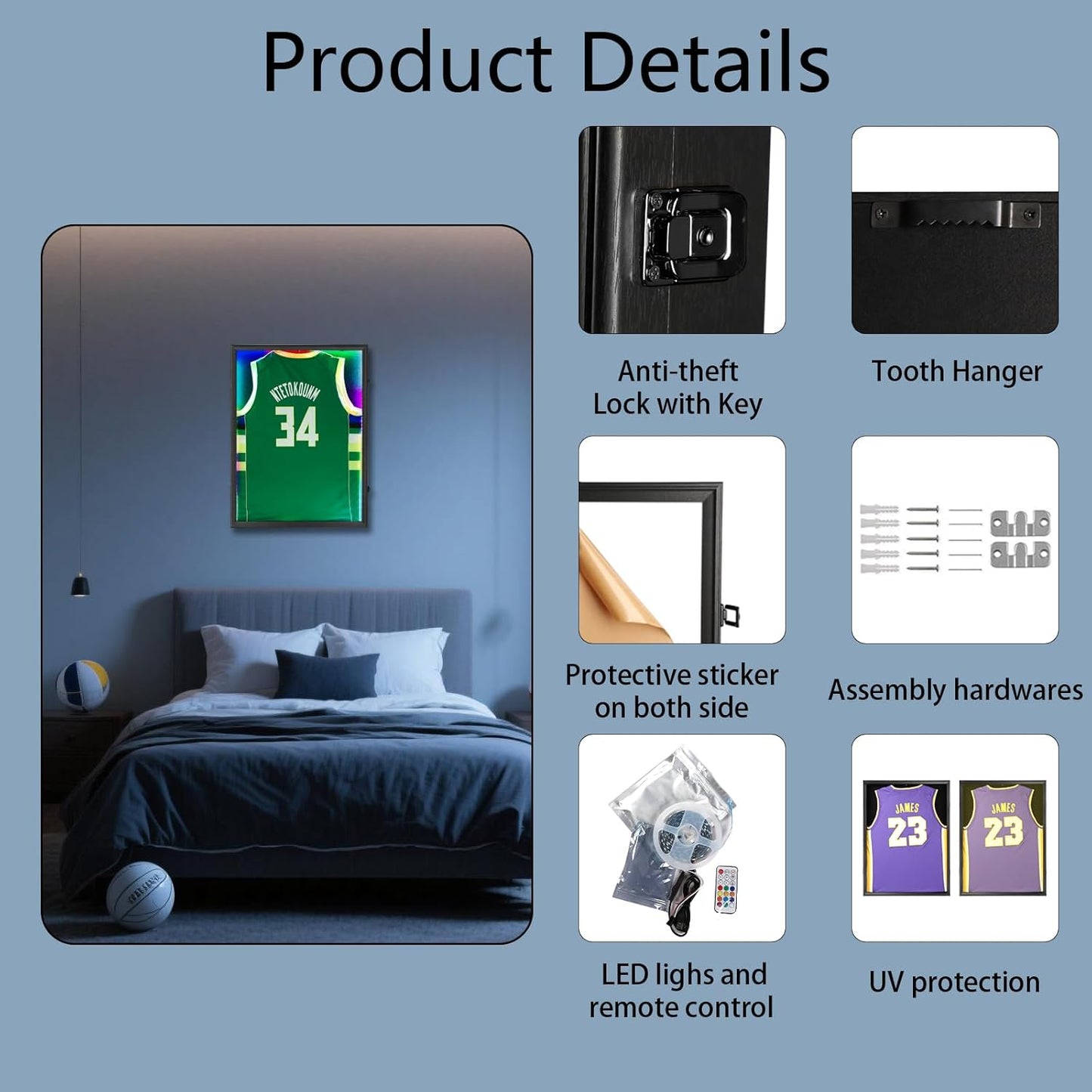 IHEIPYE LED Jersey Frame Display Case - Shadow Box with LED Light - Black Lock, 98% UV Resistant Acrylic Wall Mount Display Case for Football, Baseball, Basketball Jersey with Light