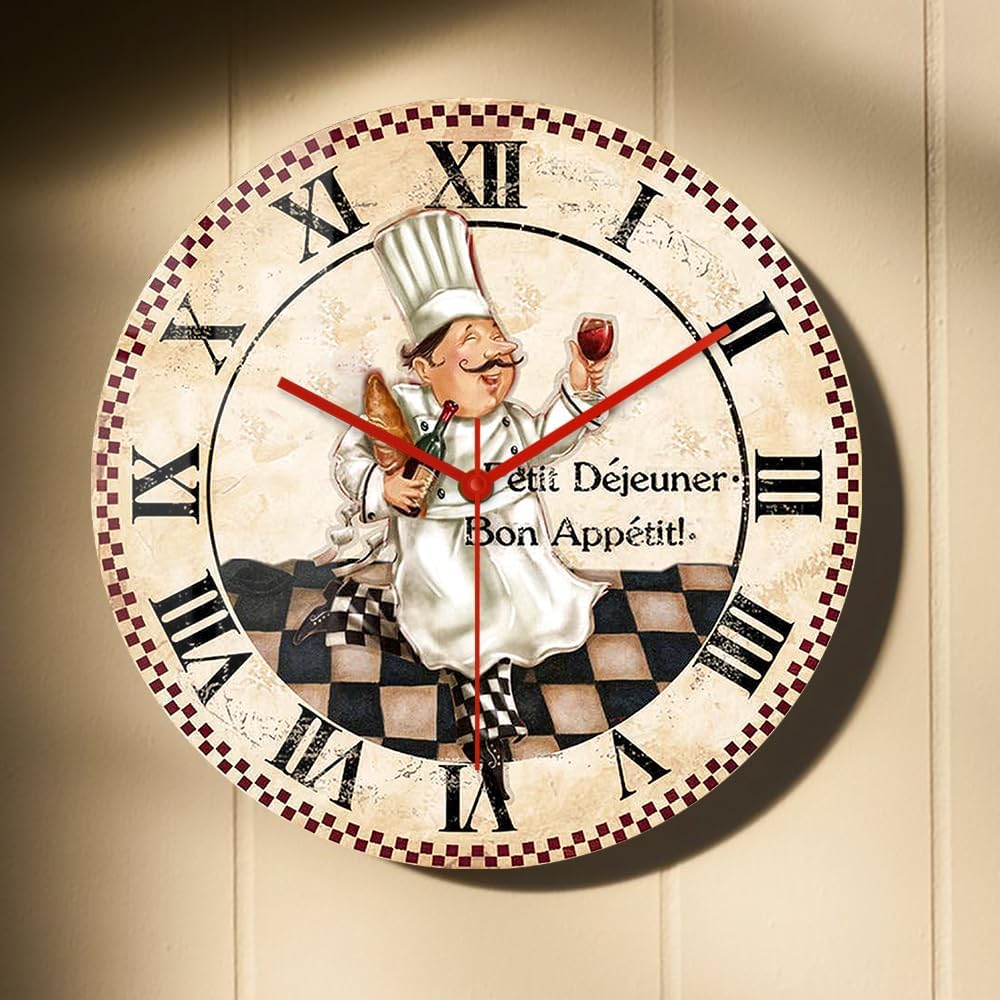 12 Inch Kitchen Wall Clock Roman Numerals, Vintage Decorative Wall Watch Clock Silent Quartz Non Ticking Battery Operated Round Wall Art Clock for Restaurant Dining Room Farmhouse Chef Gift