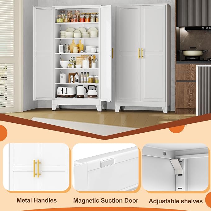 White Metal Storage Cabinet, Kitchen Pantry Storage Cabinet - Image 5