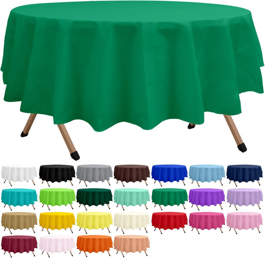 2 Pack Emerald Green Premium Plastic Tablecloth Round 84 Inches Reusable Oliver Dark Green Decorative Table Cover for Dining, Wedding, Party, Indoor and Outdoor use