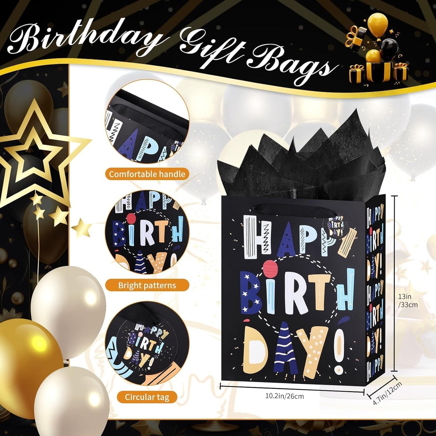 13" Black Happy Birthday Bag with Tissue Paper and Greeting Card for Party,Happy Birthday Gift Bag for Kids, Boys, Girls, Baby Boy,Men Women,Gift Bags Medium size (2 PCS Black, Kids Gift Bag)