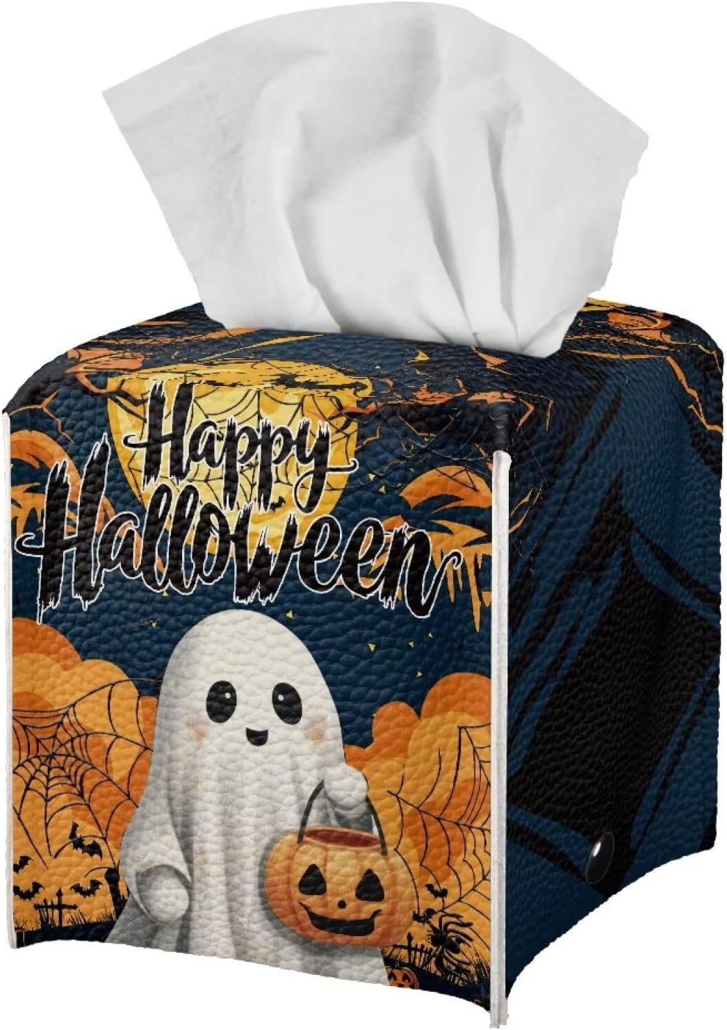 Happy Halloween Tissue Box Cover PU Leather Tissue Box Holder 5x5x5 inch Waterproof Protective Cover Modern Home Car Office Hotel Decor