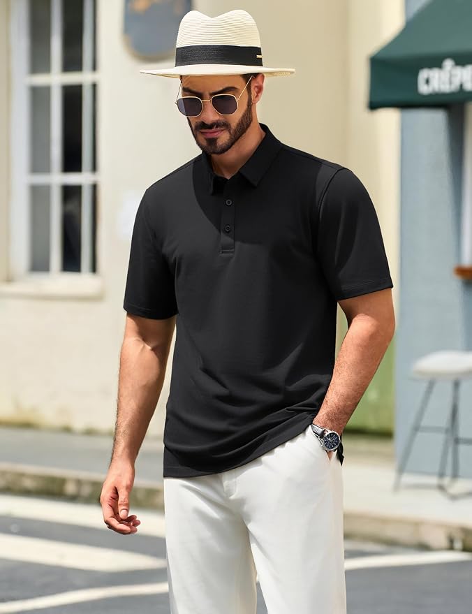 TACVASEN Mens Polo Shirts Short Sleeve Pique 3 Buttons Golf Polo Cooling - Image 3