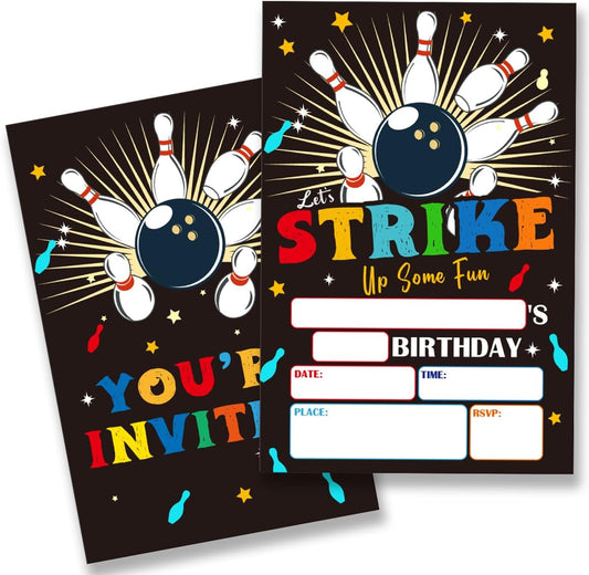 Bowling Birthday Party Invitations Supplies with Envelopes Set of 20 Bowling Theme Birthday Invites for Boys Fill in Blank, Double Sided