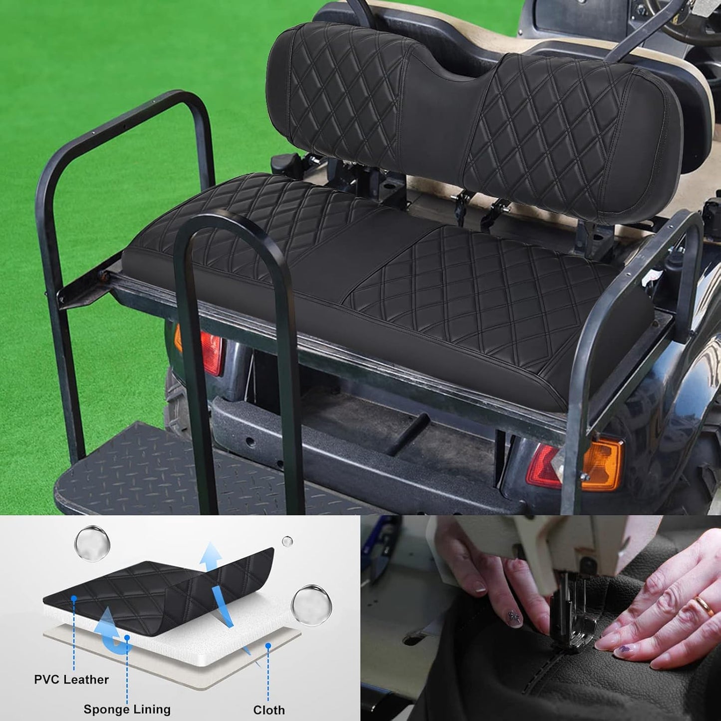 iLSKW Golf Cart Seat Covers for Rear Seat Fit Club Car EZGO Yamaha, Thinck Vinyl Leather with Convex Diamond Texure, Comfortable, Support Back,Breathable,Anti-Fading